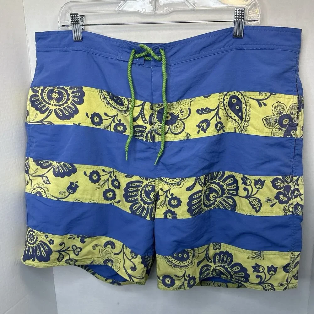 Reyn Spooner Swim Trunks Mens 38 Board Short Floral Tropical Blue Yellow Stripes